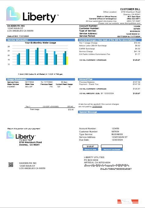 USA California Liberty Utilities business utility bill template in Word and PDF formats